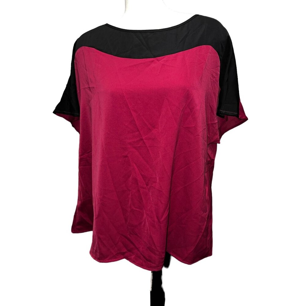 BloomChic Round Neck Color Block Short Sleeve Blouse Sz 12 (Large) Womens Burgun